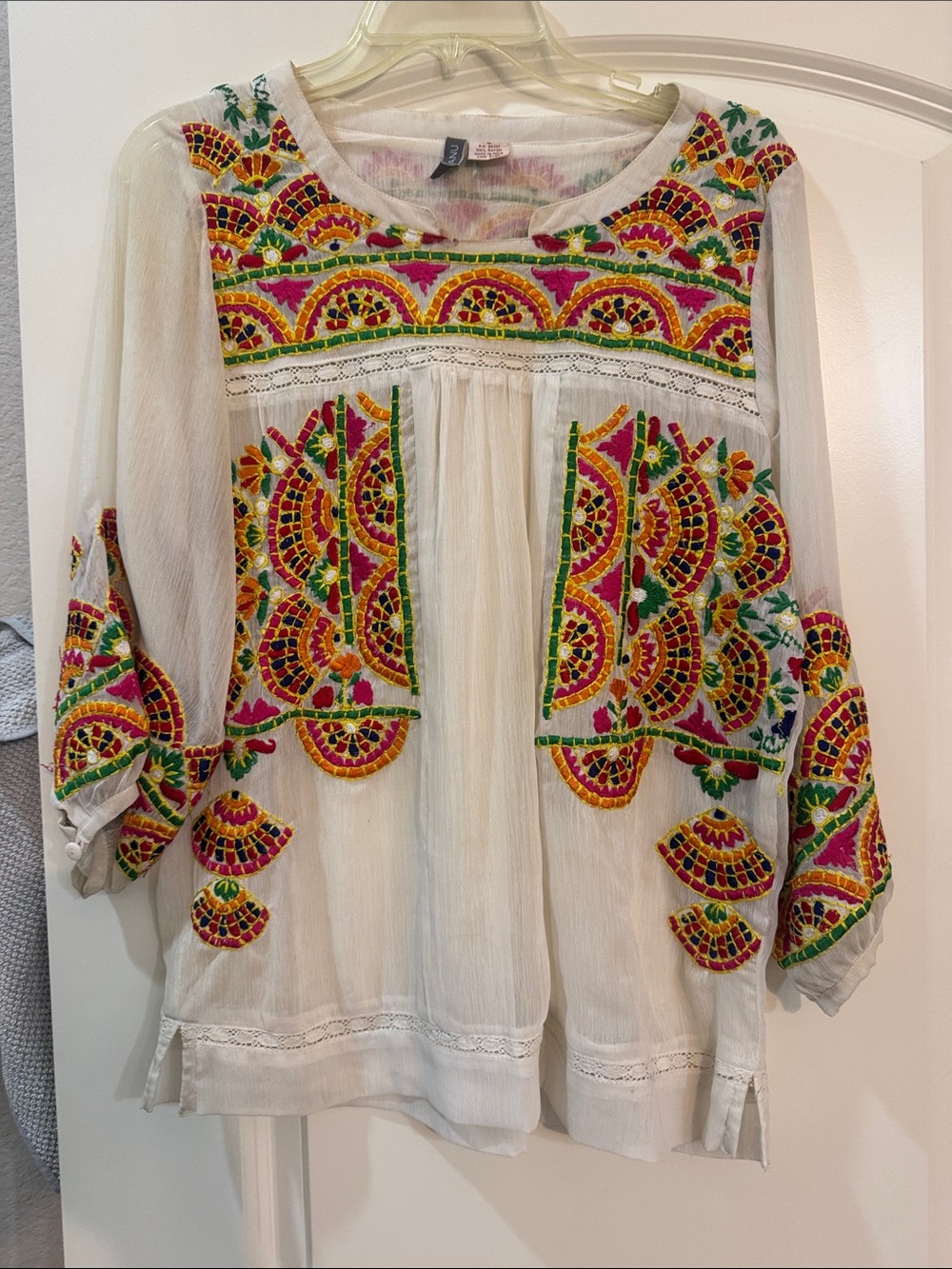 White Embroidered Boho Peasant Blouse with Multicolor Folk Stitching